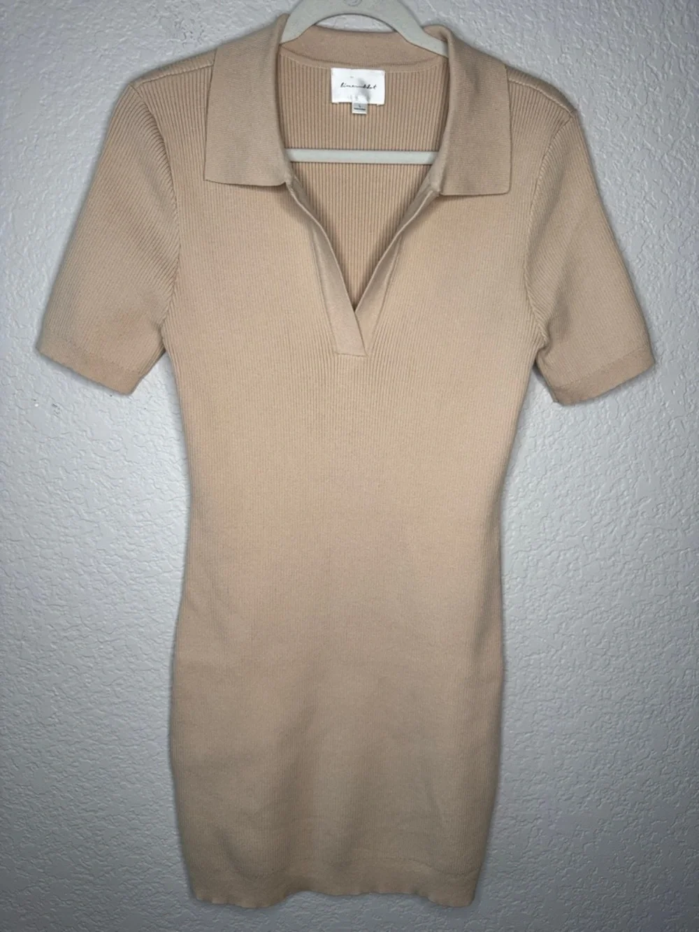 Revolve Line and Dot Brittany Ribbed Mini Dress Tan Large Bodycon Polo V Neck - Picture 2 of 7